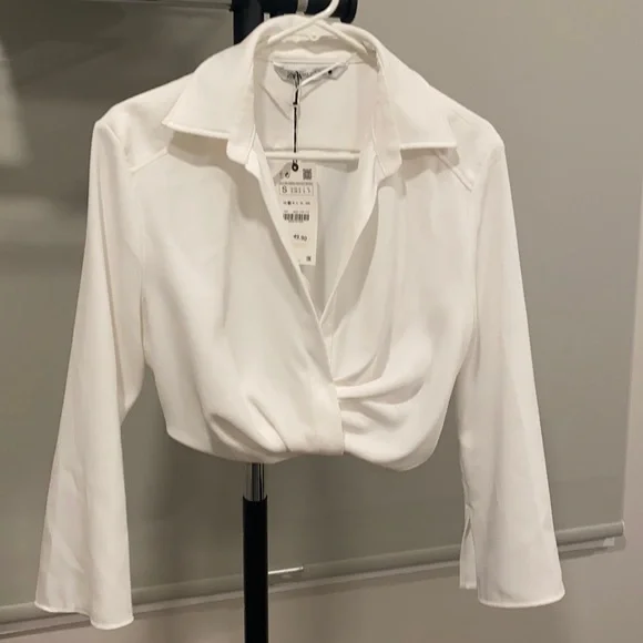 Zara | Tops | Zara Pleated Cropped Shirt White Woman Size Us